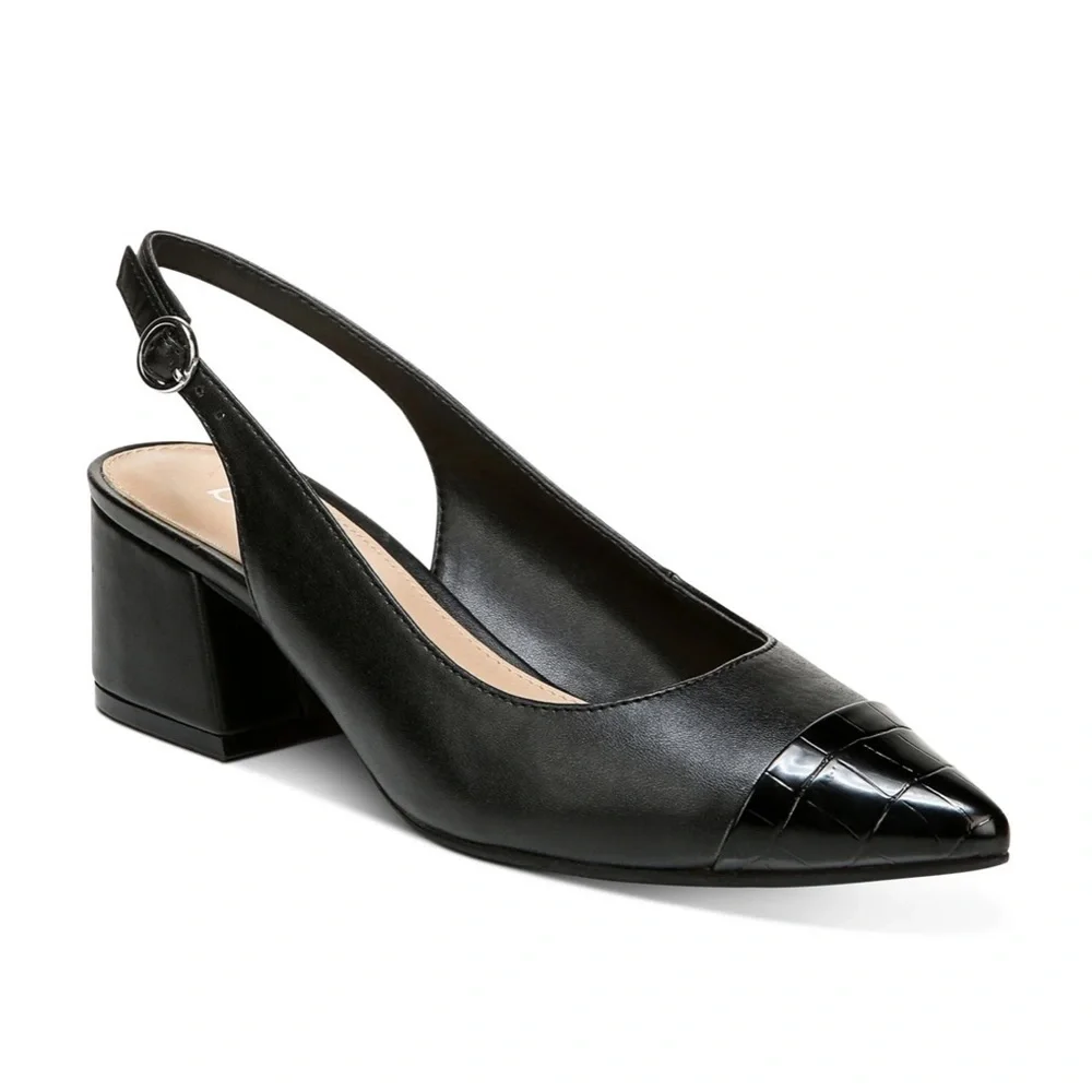 NWT Woman’s Bar lll Tenleyp sling back matte black pointed croc block heels 8.5